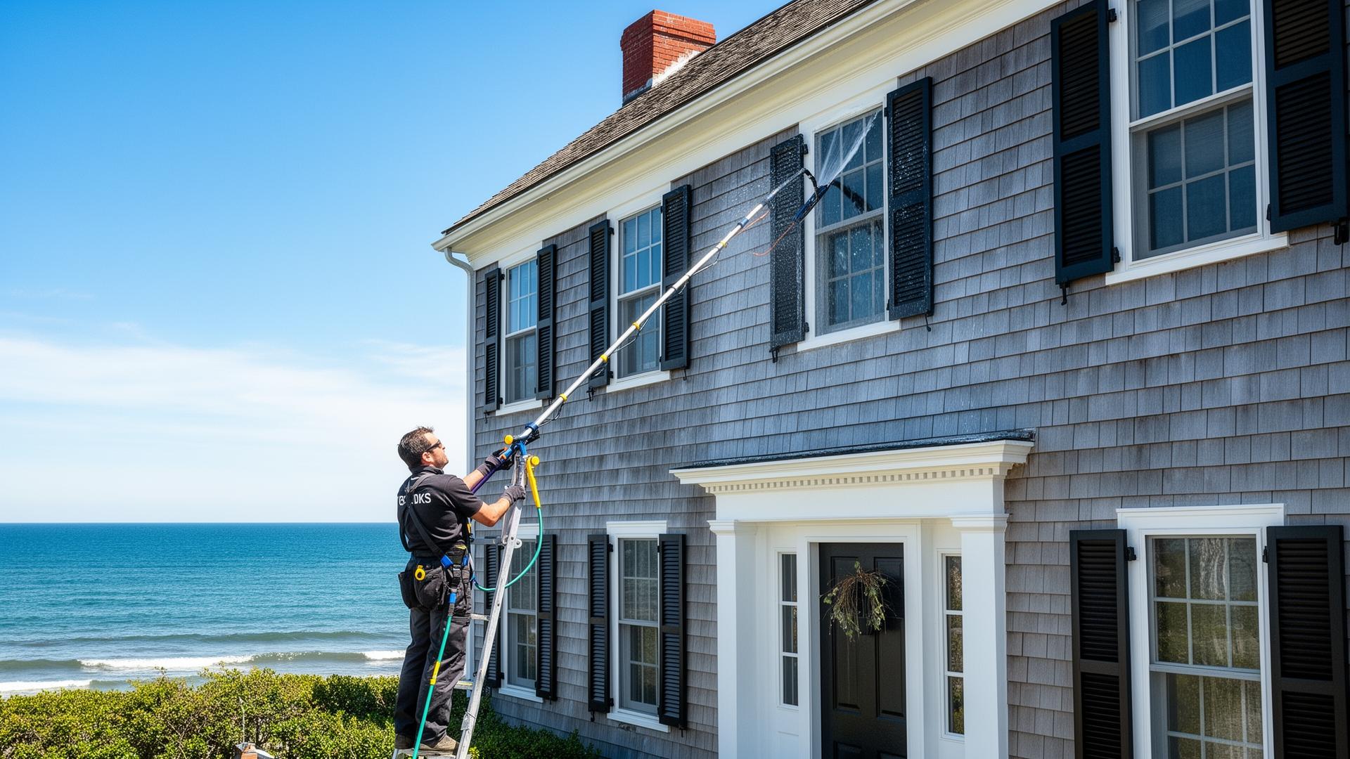 Professional window cleaner cleaning a coastal home in Cape Ann MA